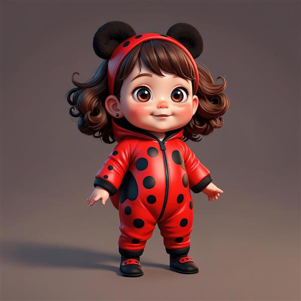 شخصیت سه‌بعدی کودک با لباس سرتاسری براق کفشدوزکی و کلاه با گوش‌های گرد، مناسب طرح‌های بچگانه