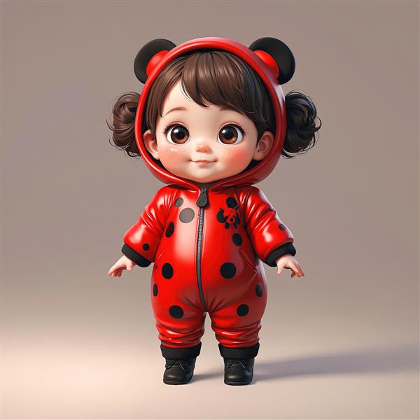 عروسک سه‌بعدی کودک با لباس کفشدوزک کلاهدار و شاخک‌های سیاه، روپوش براق با نقاط بزرگ