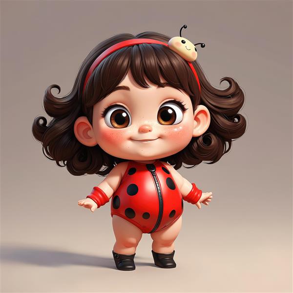 تصویر سه‌بعدی کودک با لباس سرتاسری براق کفشدوزک و هدبند، کاراکتر بامزه با موهای فرفری