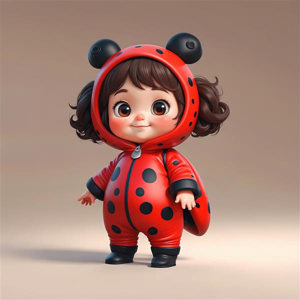 تصویر سه‌بعدی کودک با لباس کامل کفشدوزکی شامل کلاه و گوش‌های برجسته و بال، کاراکتر فانتزی