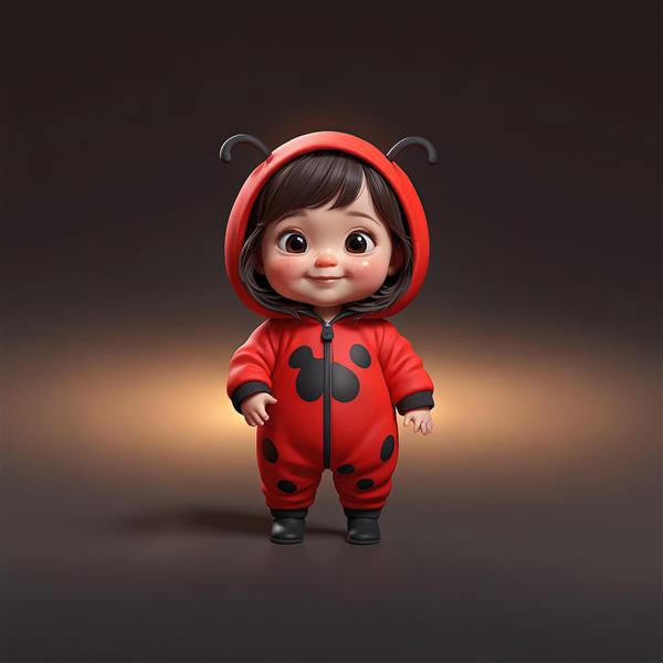 شخصیت کودک سه‌بعدی با کاپشن کفشدوزکی کلاهدار و شاخک‌های ساده، لباس قرمز تیره با لکه‌های سیاه