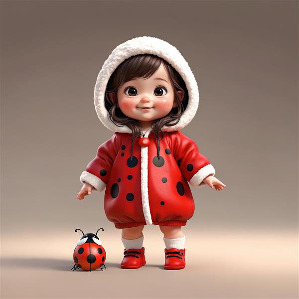 تصویر فانتزی کودک با پالتو کفشدوزکی کلاه پشمی سفید، ایستاده کنار یک کفشدوزک سه‌بعدی