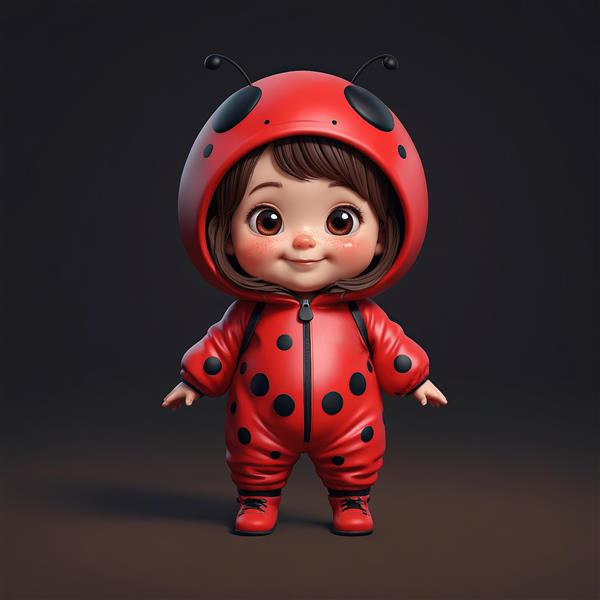 عروسک سه‌بعدی کودک با لباس کفشدوزک کلاهدار و شاخک‌های سیاه، روپوش براق با نقاط بزرگ