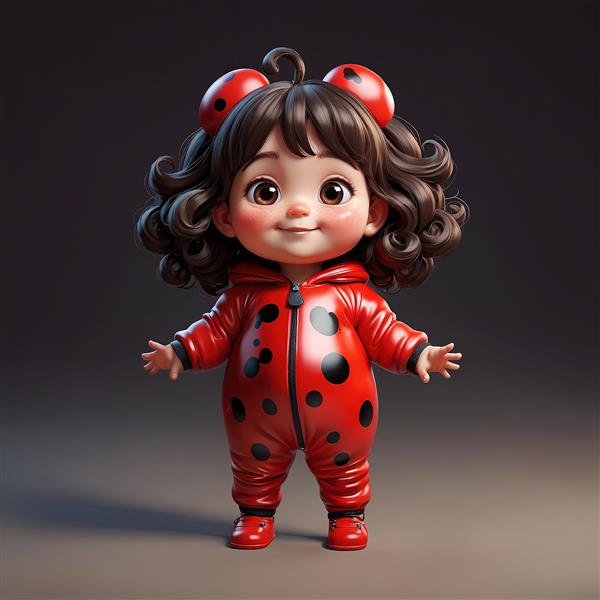 تصویر سه‌بعدی کودک با لباس سرتاسری براق کفشدوزک و هدبند، کاراکتر بامزه با موهای فرفری