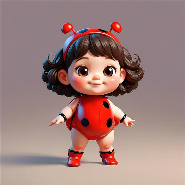 شخصیت کودک سه‌بعدی با هودی و لباس کفشدوزک قرمز، کلاه با گوش‌های سیاه شبیه میکی ماوس