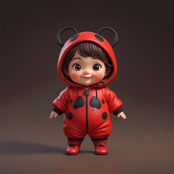 تصویر استوک کودک با روپوش کفشدوزکی سرتاسری قرمز و سیاه، چهره بامزه و سه‌بعدی با نورپردازی گرم