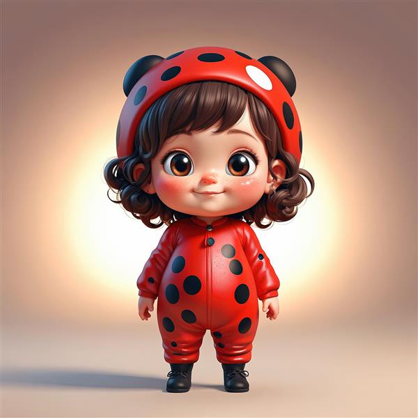 عروسک سه‌بعدی دختر کوچک با هودی کفشدوزکی و شاخک‌ها، لباس قرمز با نقاط سیاه و زیپ مشکی