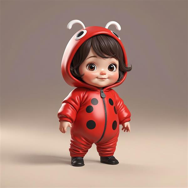 شخصیت کارتونی کودک با لباس و کلاه کفشدوزک قرمز، کاور سرتاسری بامزه با شاخک‌های سفید