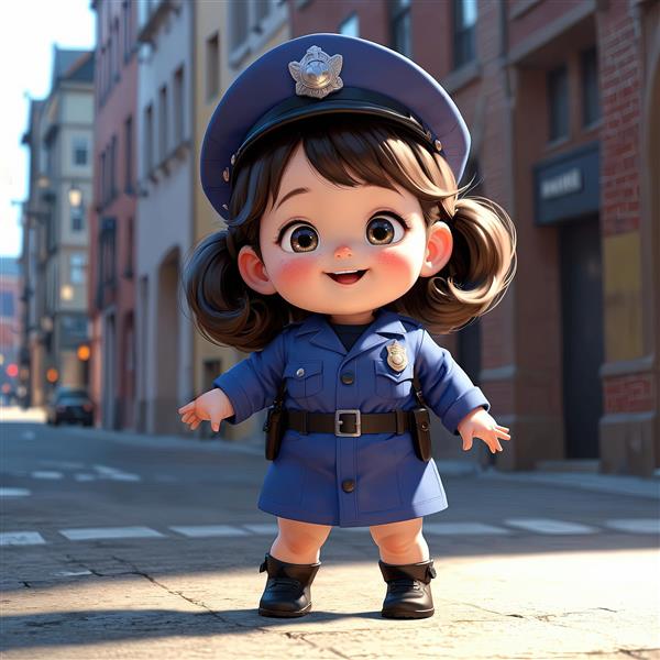 تصویر سه‌بعدی دختر پلیس در خیابان شهری با ساختمان‌های آجری، یونیفرم آبی و کمربند تجهیزات، بافت شهرنشینی