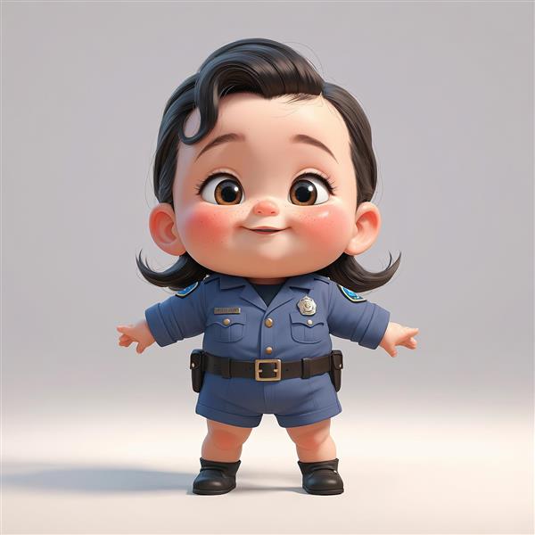 تصویر استوک شخصیت کارتونی دختر پلیس بدون کلاه با موهای مدل‌دار، یونیفرم سرمه‌ای و کمربند تجهیزات