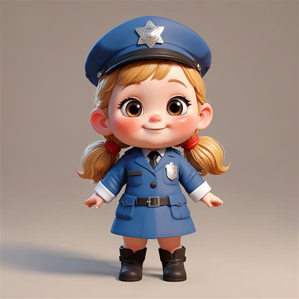 عروسک سه‌بعدی دختر پلیس با موهای دم‌اسبی و کلاه ستاره‌دار، کاراکتر کودکانه باکیفیت برای دکوراسیون