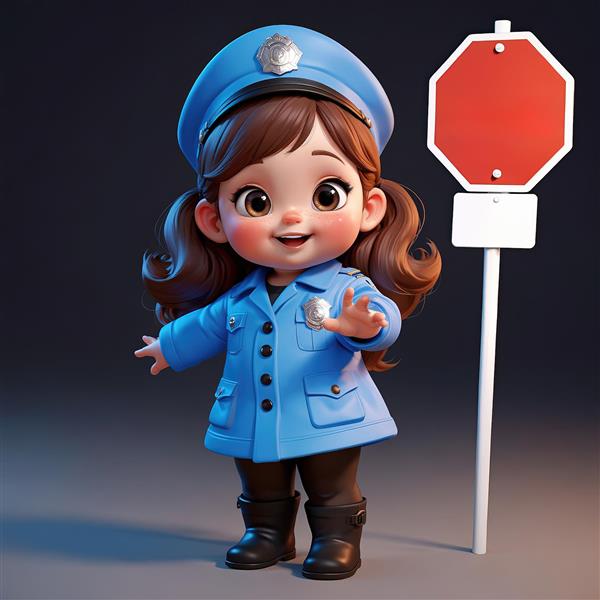 تصویر سه‌بعدی دختر پلیس بامزه با کلاه و یونیفرم آبی، در کنار تابلوی ایست مناسب طرح‌های ترافیکی