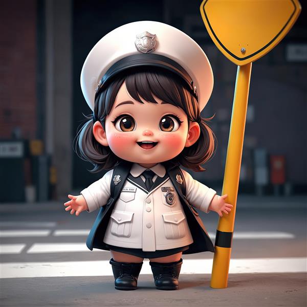 دختر پلیس ترافیک کارتونی با یونیفرم سفید، ایستاده روی خط عابر پیاده و در کنار علامت راهنمایی