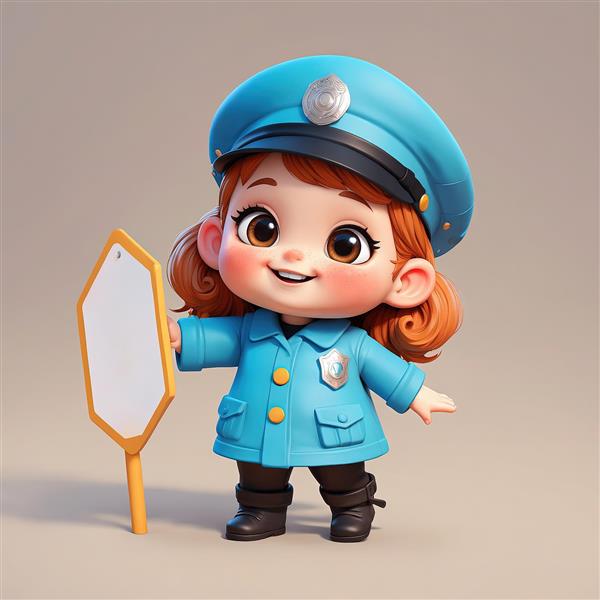 تصویر سه‌بعدی دختر پلیس با یونیفرم آبی روشن و تابلوی راهنما، کاراکتر کودکانه با موهای نارنجی