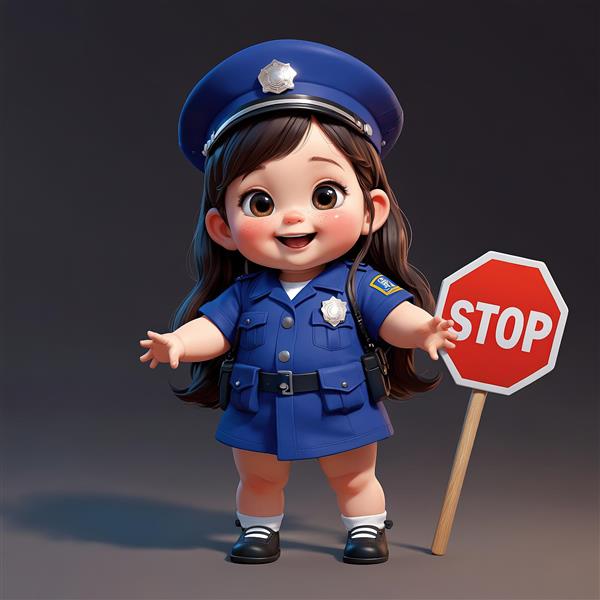 عروسک سه‌بعدی دختر پلیس با لباس سرمه‌ای و تابلو راهنمایی "ایست" کاراکتر آموزش ترافیک