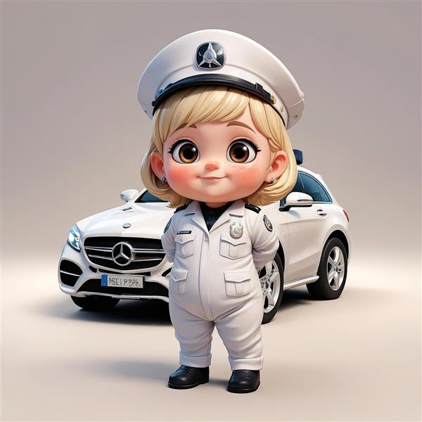 تصویر استوک دختر پلیس اروپایی مو بور با لباس سفید و کلاه، ایستاده در کنار ماشین مرسدس بنز سفید