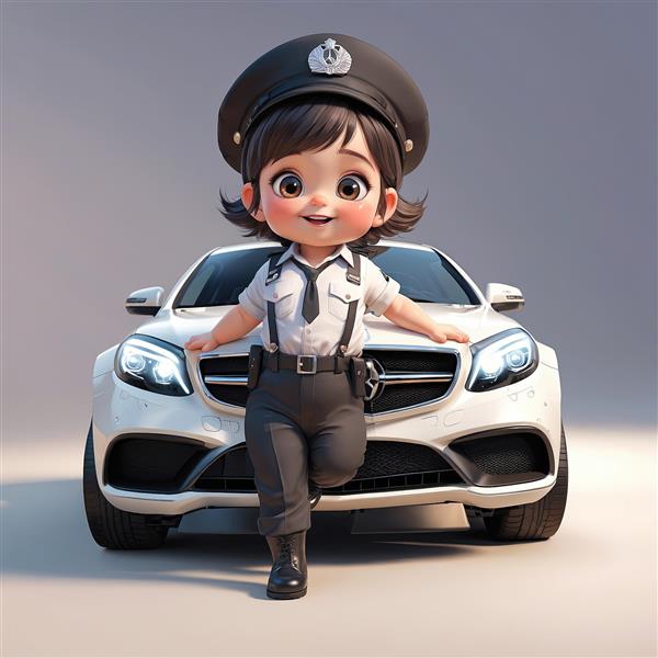 دختر پلیس ترافیک کارتونی با یونیفرم سفید و مشکی، ایستاده جلوی خودروی شاسی‌بلند لوکس سفید