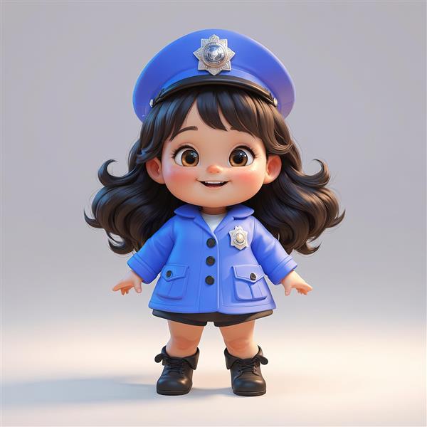شخصیت کارتونی دختر پلیس بانمک با موهای فرفری و لباس آبی، تصویر سه‌بعدی با جزئیات بالا
