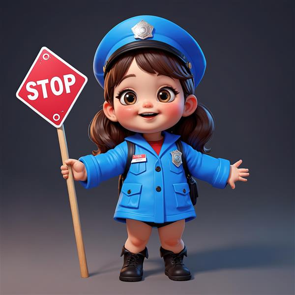تصویر سه‌بعدی دختر پلیس شاد با علامت ایست قرمز، کاراکتر ترافیکی کودکانه و آموزنده