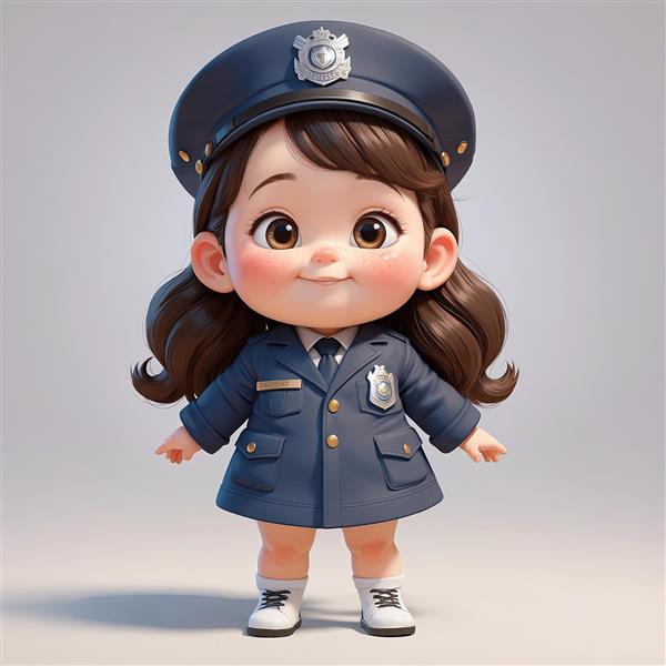 تصویر استوک دخترک کارتونی پلیس با لباس رسمی سرمه‌ای و کلاه تیره، کاراکتر سه‌بعدی در حال ایستادن