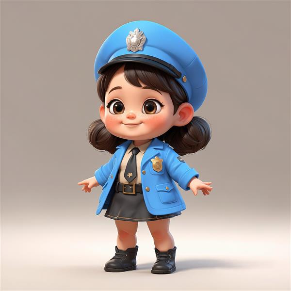 عروسک سه‌بعدی دختر پلیس کوچک و بامزه با یونیفرم آبی و دامن، کاراکتر کودکانه با پس‌زمینه ساده