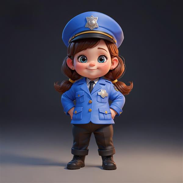تصویر استوک شخصیت کارتونی دختر پلیس شیک با لباس آبی و کلاه رسمی، سه‌بعدی و باکیفیت بالا