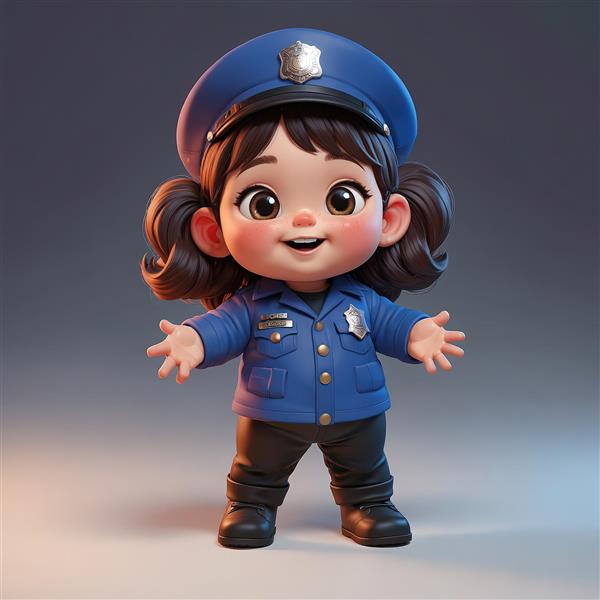 تصویر باکیفیت عروسک دختر پلیس با یونیفرم آبی، کلاه و موهای دم اسبی در حالت آماده‌باش