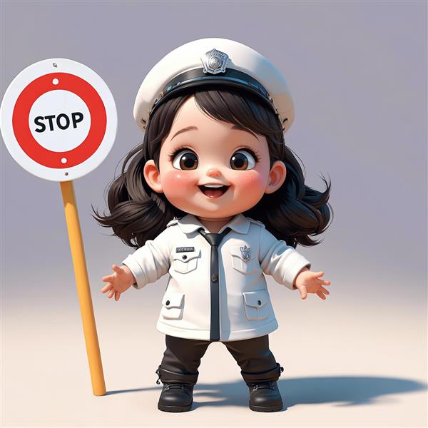 عکس اورجینال عروسک مینیاتوری پلیس با لباس سفید، تابلوی ایست دایره‌ای و موهای مشکی