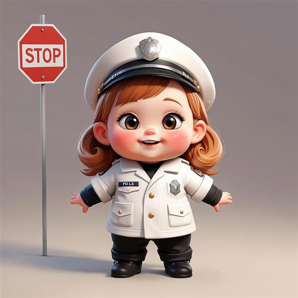 تصویر گرافیکی عروسک دختر پلیس با یونیفرم سفید، علامت ایست هشت ضلعی و موهای خرمایی