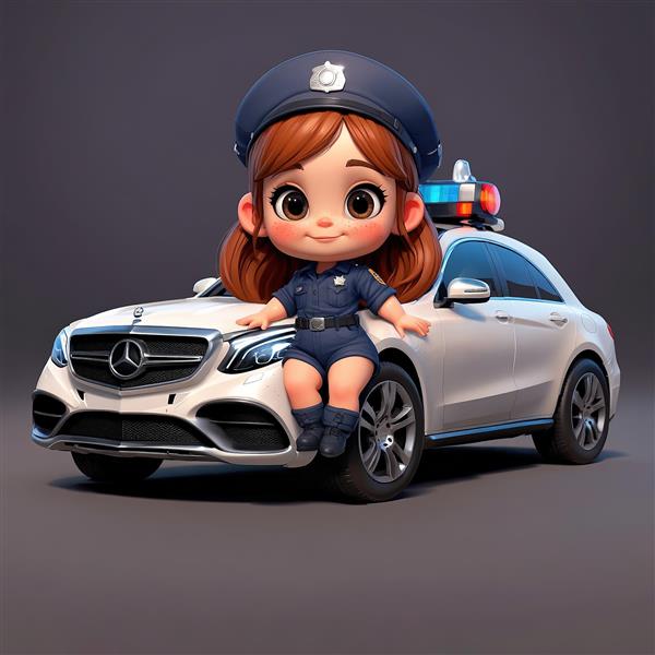 عکس تبلیغاتی عروسک پلیس با یونیفرم سرمه‌ای و کلاه نشسته روی کاپوت ماشین پلیس سفید