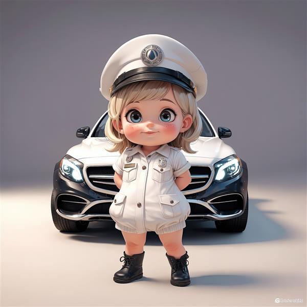 تصویر لارج‌فرمت عروسک دختر پلیس بلوند با لباس بادی سفید و خودرو شاسی بلند پلیس