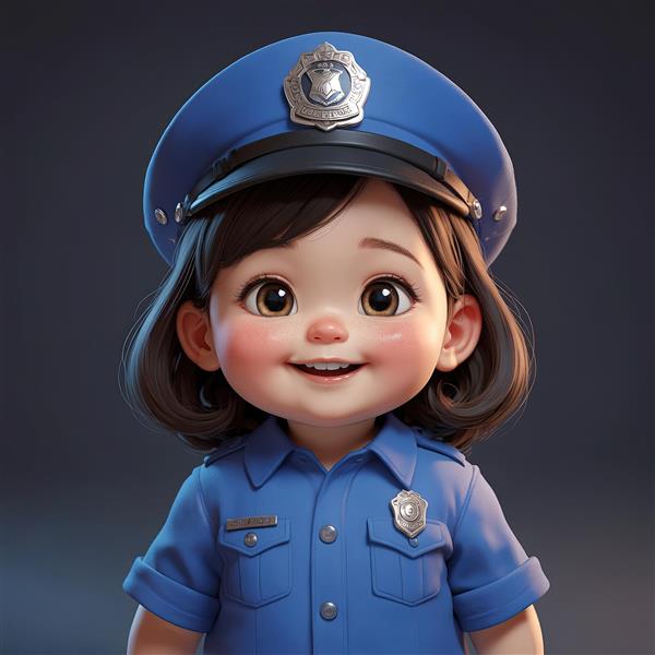 عکس پرتره عروسک دختر پلیس با موی کوتاه و یونیفرم آبی برای بنرهای آموزشی کودک