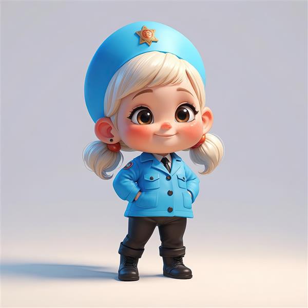 تصویر استوک عروسک فانتزی پلیس بلوند با یونیفرم آبی و کلاه کپی ستاره‌دار