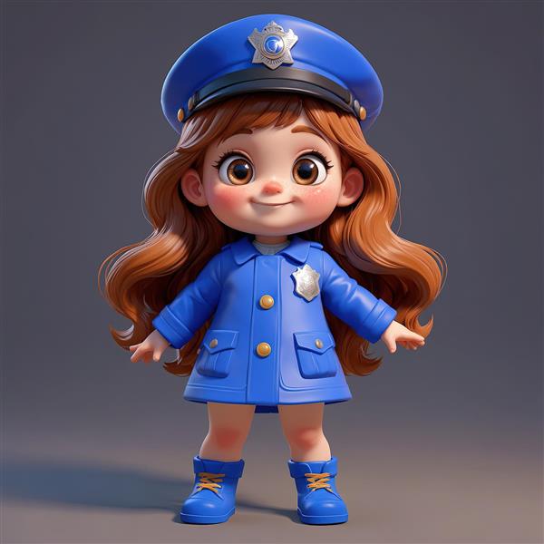 والپیپر عروسک دختر پلیس با موهای بلند خرمایی، یونیفرم آبی و کلاه رسمی در زمینه تیره