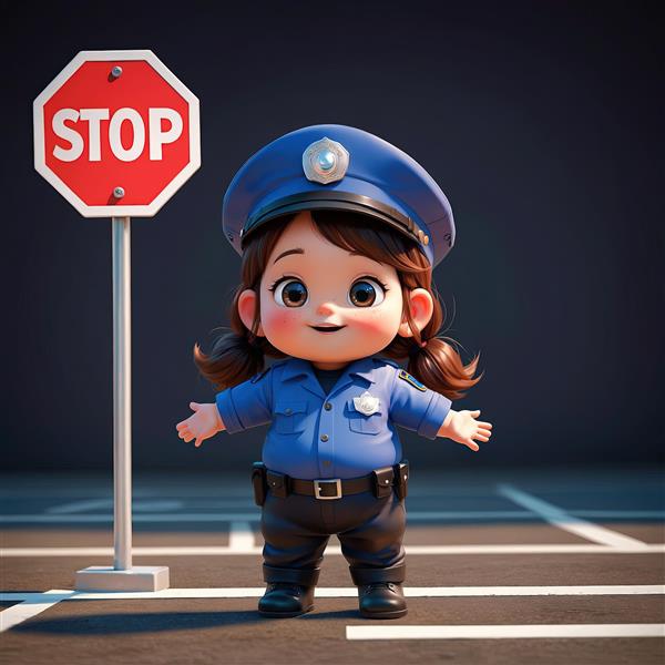 عکس باکیفیت عروسک مینیاتوری پلیس ترافیک در خیابان با کلاه و کمربند تجهیزات و علامت ایست