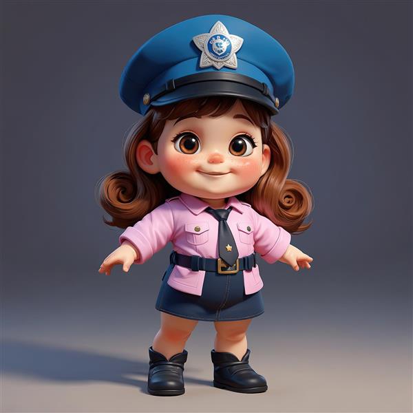 تصویر اورجینال عروسک دخترانه پلیس با پیراهن صورتی و دامن مشکی و کلاه ستاره‌دار
