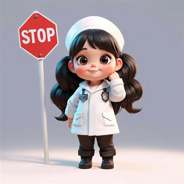 تصویر گرافیکی عروسک دختر پلیس با لباس سفید، تابلوی ایست و موهای فرفری مشکی