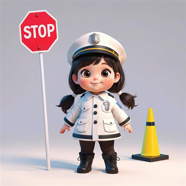 عکس تبلیغاتی عروسک دختر پلیس با یونیفرم سفید، علامت ایست و کلاهک ترافیکی