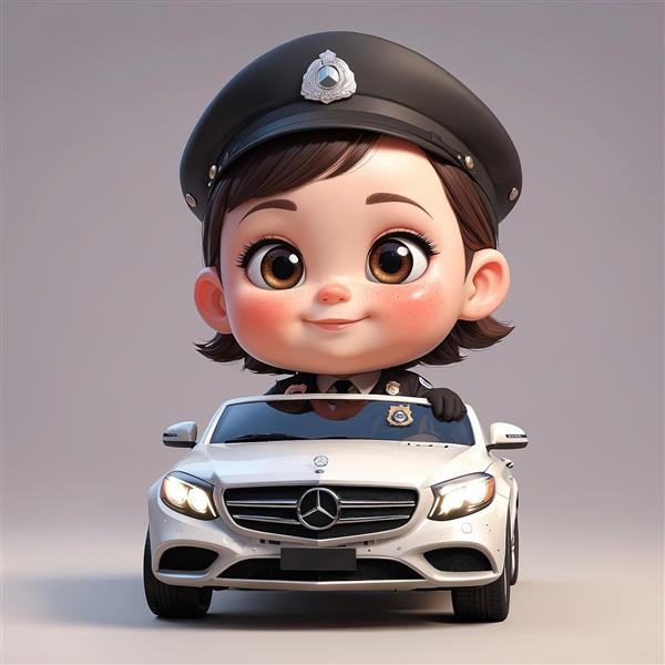 عکس پرتره عروسک دختر پلیس در حال رانندگی با خودرو سفید پلیس (تصویر از روبرو)