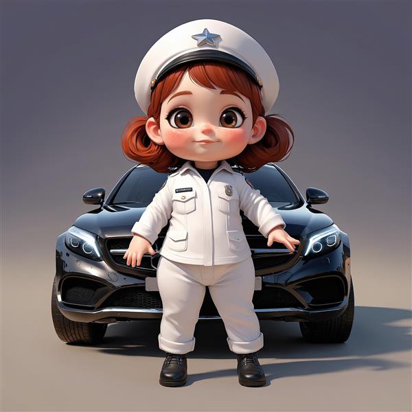 تصویر اورجینال عروسک دختر پلیس با لباس یکدست سفید و خودرو بنز پلیس مشکی در استودیو