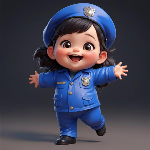 تصویر باکیفیت عروسک مینیاتوری پلیس در حال دویدن با یونیفرم آبی و کلاه روی سر