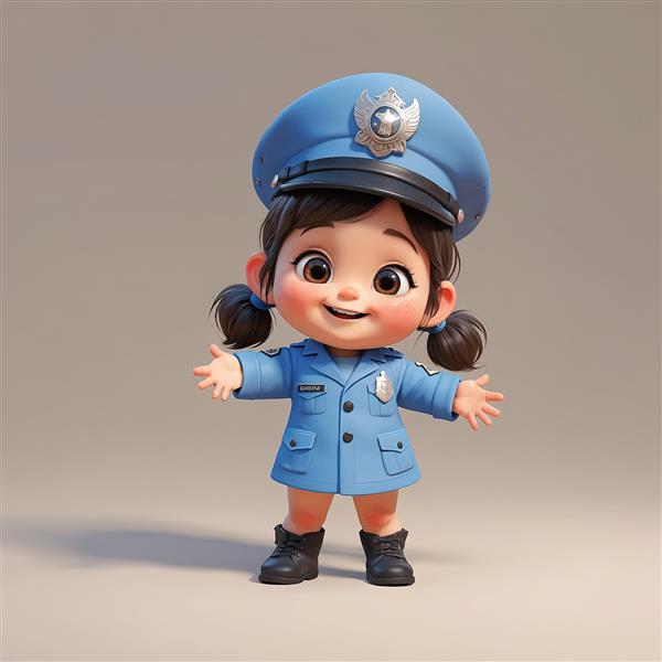 عکس استوک عروسک کارتونی دختر پلیس با یونیفرم آبی روشن و دو گیسو در پس‌زمینه ساده
