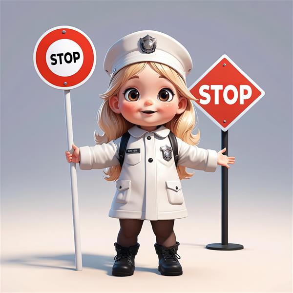 تصویر لارج‌فرمت عروسک دختر پلیس بلوند با لباس سفید و دو علامت ایست متفاوت ترافیکی