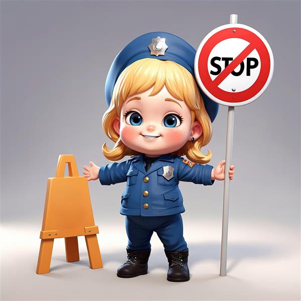 والپیپر عروسک دختر پلیس بلوند با یونیفرم سرمه‌ای، کلاه و تابلوی ایست ممنوعیت و مانع