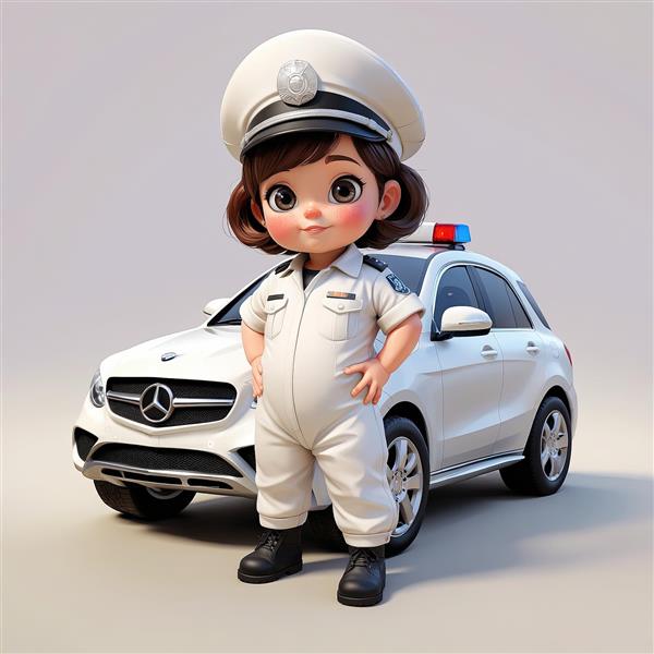 عکس باکیفیت عروسک دختر مینیاتوری پلیس با لباس سرهمی کرم و خودرو بنز پلیس سفید در پشت