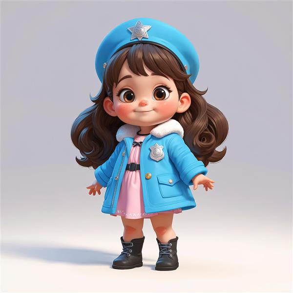 تصویر اورجینال عروسک دخترانه پلیس با پالتوی آبی و کلاه ستاره‌دار مناسب پوستر مهد کودک