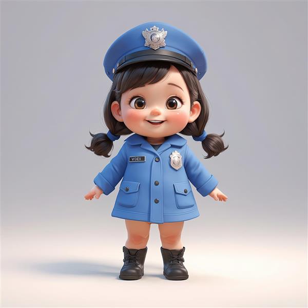 عکس پرتره عروسک دختر پلیس با یونیفرم آبی و دو گیسوی بسته در پس‌زمینه ساده
