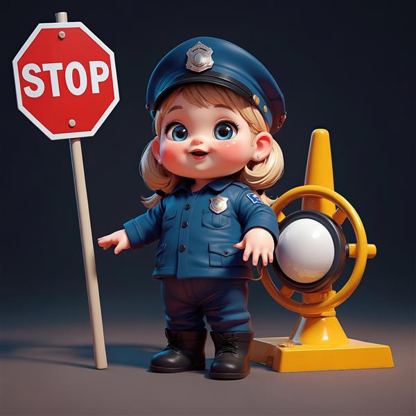 عکس اورجینال عروسک دختر پلیس با یونیفرم آبی، کلاه و علامت ایست و تجهیزات راهنمایی