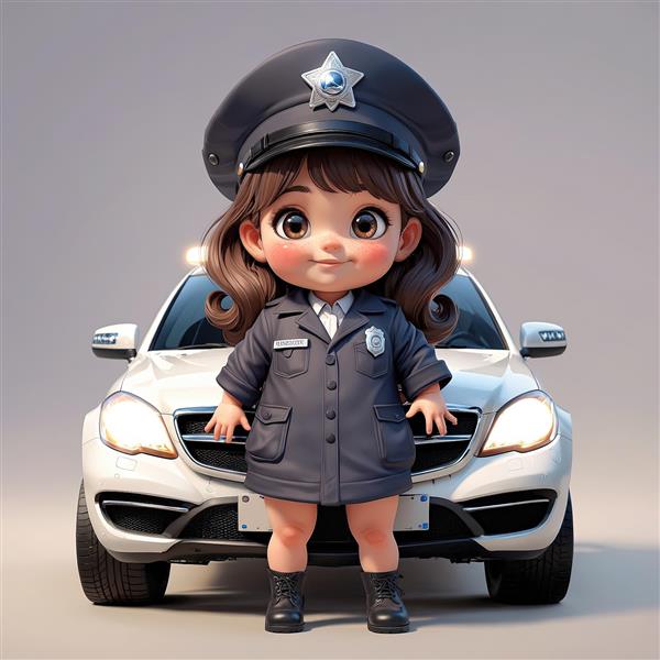 تصویر باکیفیت عروسک دختر پلیس با لباس سرمه‌ای و کلاه ستاره‌دار در جلوی خودرو پلیس سفید