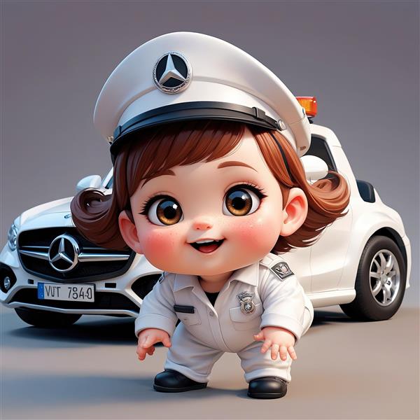 تصویر گرافیکی عروسک دختر پلیس در حال خم شدن با لباس و کلاه سفید و ماشین شاسی بلند پلیس